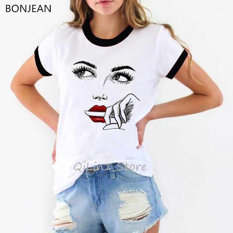 

vogue tshirt women Sexy red lips Eyelashes print t shirt femme hip hop high quality female t-shirt harajuku shirt tumblr clothes