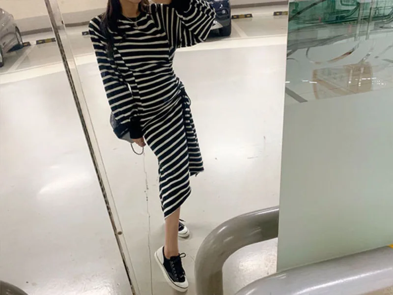 RUGOD Новое Осеннее длинное платье ropa mujer с круглым вырезом, в полоску, на шнуровке, тонкое асимметричное платье, модное женское Повседневное платье в Корейском стиле