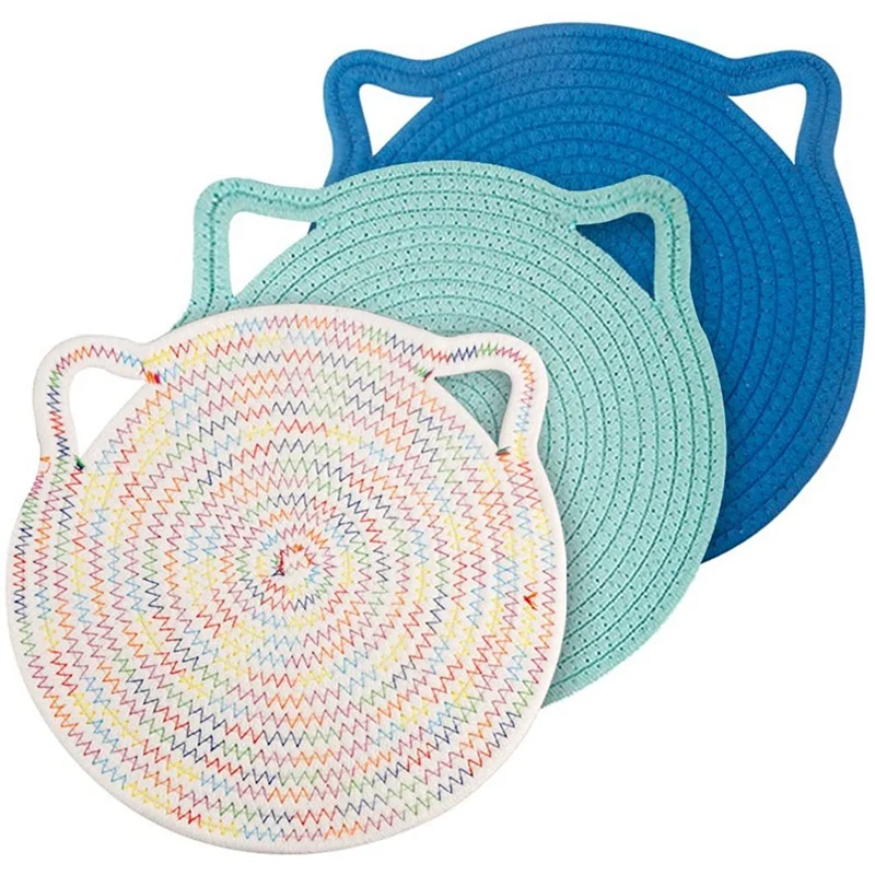 

Cotton Trivets Set Cute Cat Ear Large Pot Holders Woven Hot Pads Mats Thick Heat Resistant for Hot Pots and Pans Round