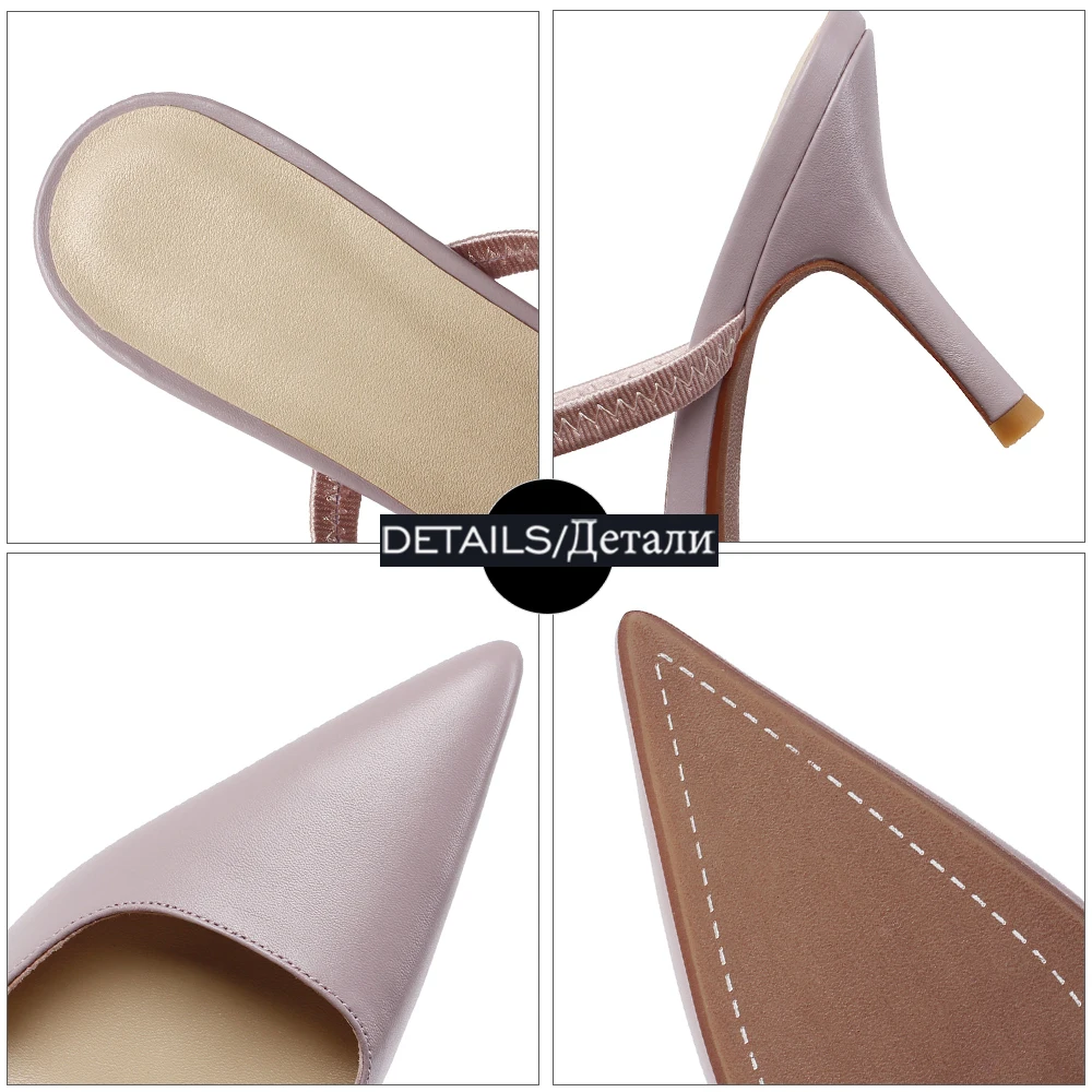 

ISNOM Sexy Pointed Toe Ladies Slippers Women Thin High Heels Slides Summer Woman Shoes Mules Dress Genuine Leather Shoes Female