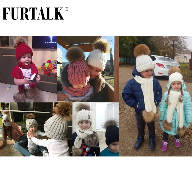 FURTALK Зимний Комплект Шапка и Шарф для детей Трикотажные Меховые Детские Шапки и Шарфы с Помпонами подарки на год 1-10 лет
