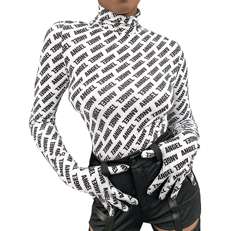 Женская облегающая футболка с длинным рукавом и надписью перчатками|Футболки| |