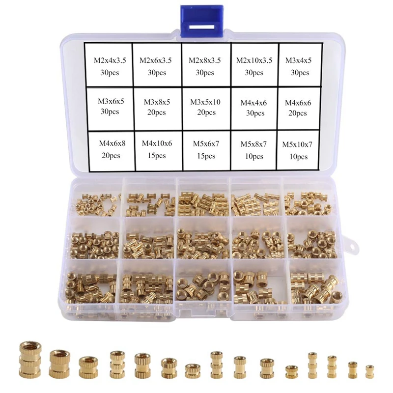 

330Pcs Female Thread Knurled Nuts M2 M3 M4 M5 Brass Threaded Insert Round Injection Moulding Knurled Nuts Assortment Kit