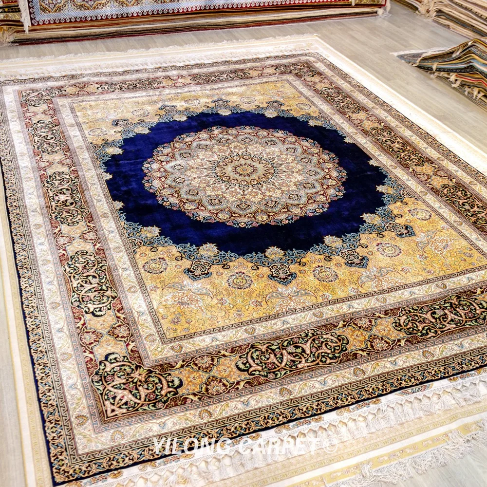 Koop Yilong 9 'X 12.14' Qum Zijde Kleed Grote Blauwe Handgemaakte Perzische Zijden Tapijt Dubbele Knopen (ZQG423)