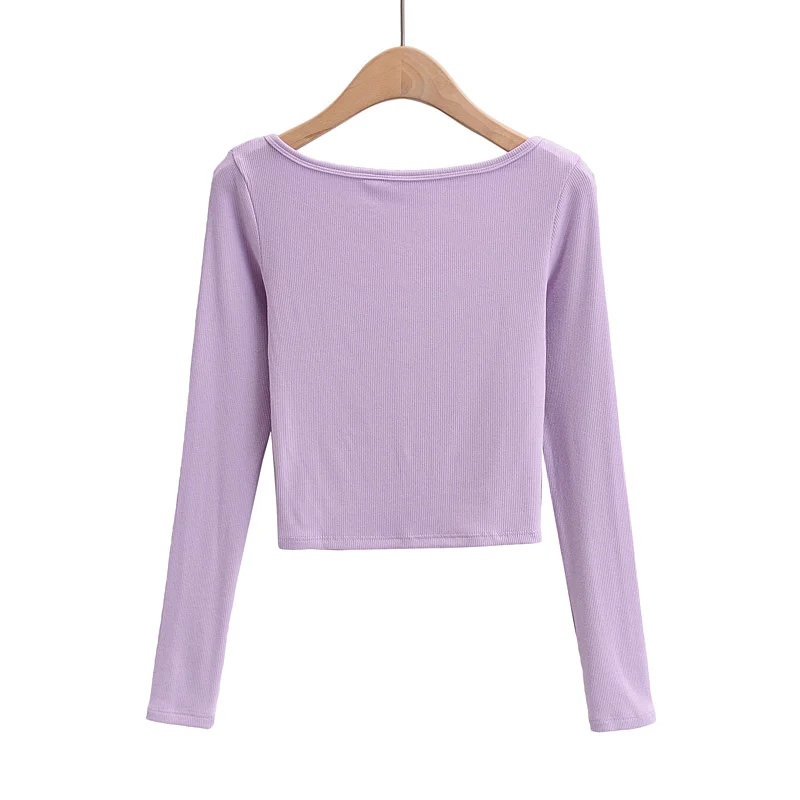 

NEW Women Square Neck Button Down Crop Top Long Sleeve Ribbed T-shirt