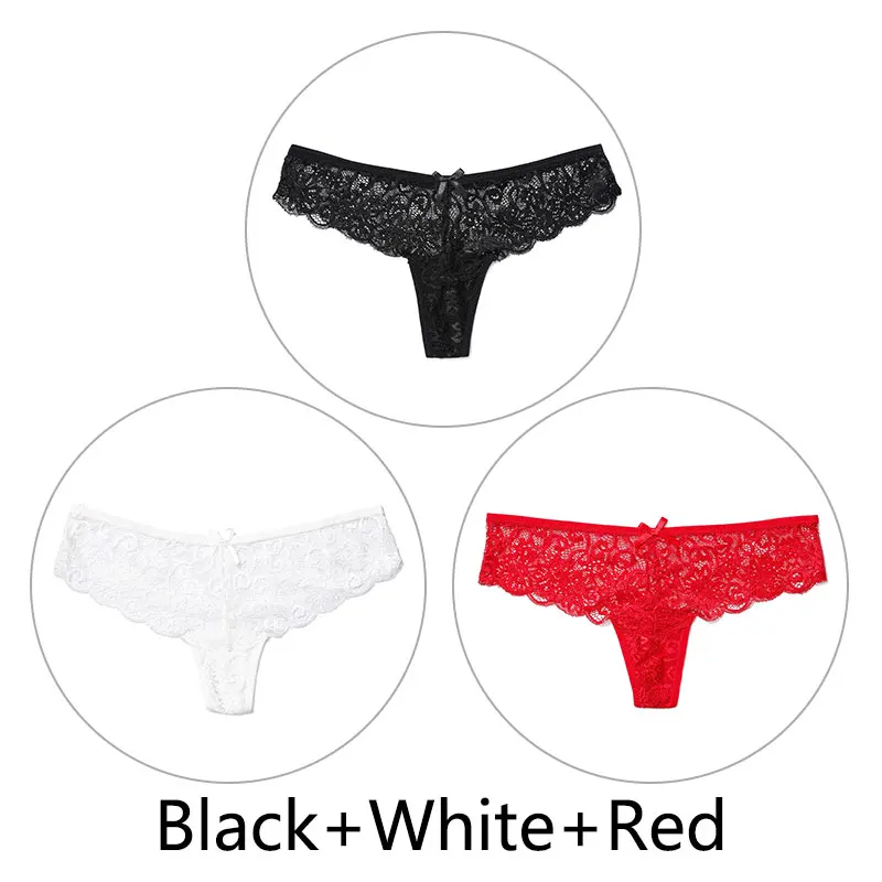 Black White Red 3 шт., сексуальные кружевные трусики женские стринги и стринги, открытая низкая талия, нижнее белье, прозрачные танга, женское нижнее белье, дышащее - Цвет: Black White Red