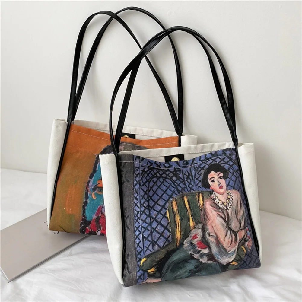 

Fashion Women Canvas Oil Painting Printing Shoulder Shopping Bag Vintage Ladies Top-handle Large Capacity Tote Handbags