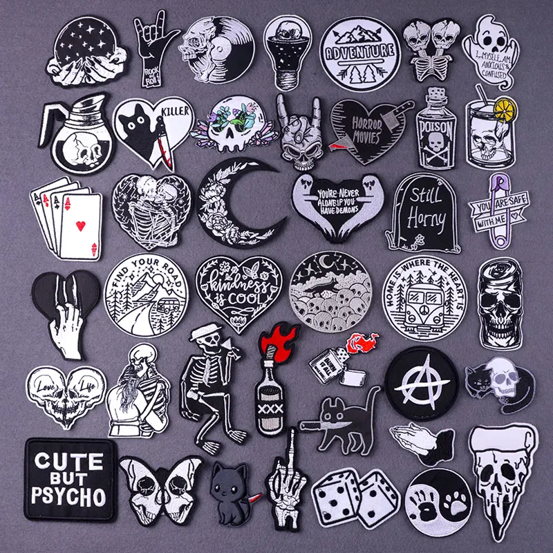 Черные вышитые нашивки в стиле хиппи для одежды с утюгом панк черепом Аппликации