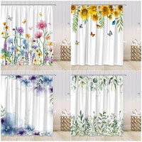 plants flowers shower curtains watercolor floral yellow sunflower green leaves butterfly modern decor hooks fabric bathroom set