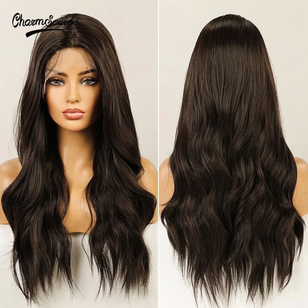 

CharmSource Long Natural Wavy Brown Wig Lace Front Wigs Synthetic for Black White Women Daily Wedding Cosplay Hair High Density