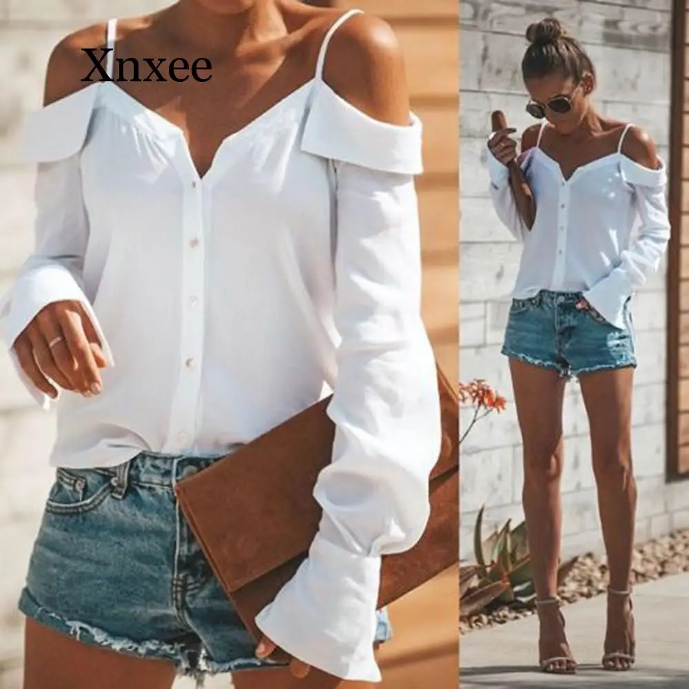 Women Off Shoulder V-Neck Long Sleeves Pure color Tops Loose Blouse Shirt One-shoulder V-neck long-sleeved solid color sling black one shoulder long sleeves loose sweaters