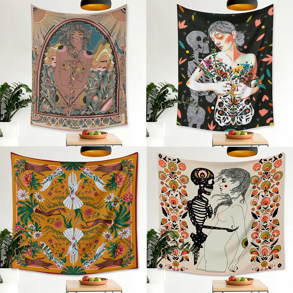

New flower girl skull tapestry aesthetics home decoration background cloth wall hanging painting boho house decor hotel mural
