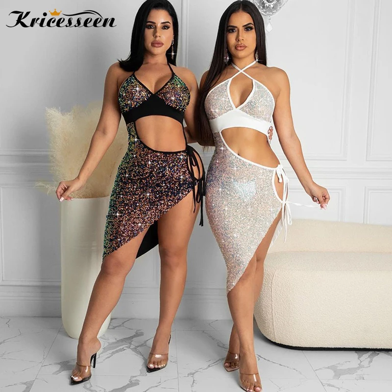 

Kricesseen Sexy Black Glitter Sequined Bandage Midi Dress New Womens Side Hollow Out Backless Bodycon Birthday Clubwear Dress