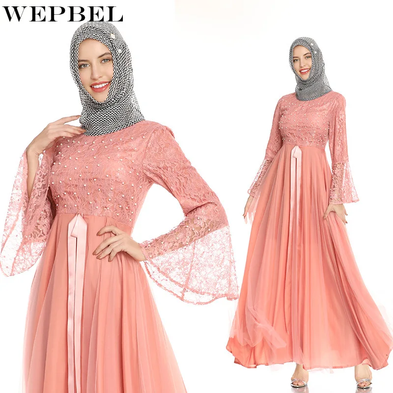 

WEPBEL Women's Casual High Waist Flared Sleeves Slim O-Neck Dress Muslim Solid Color Lace Stitching Dress