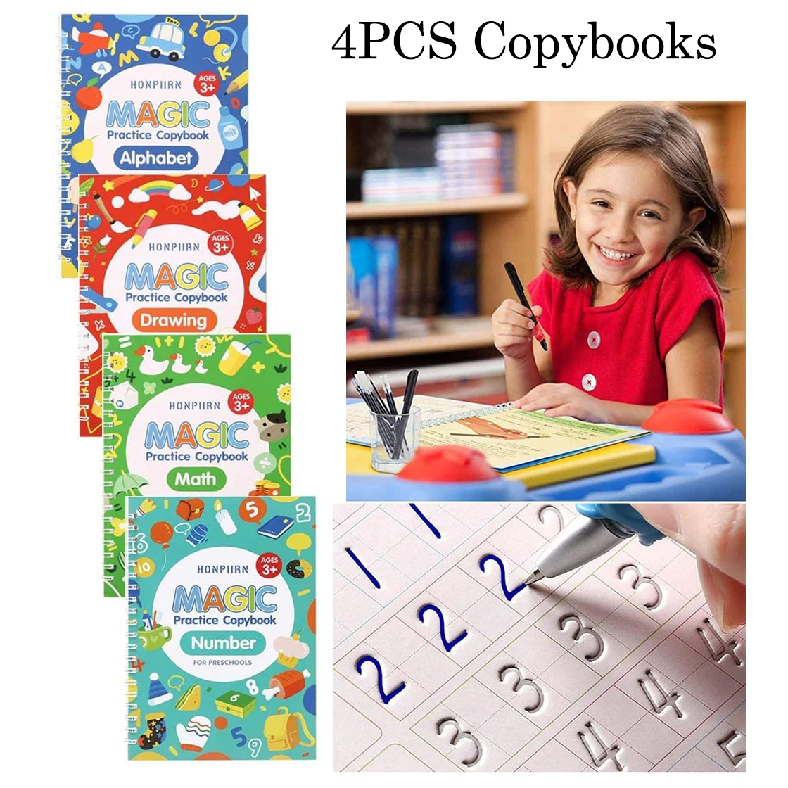 

2021 Magic Practice Book 4 Book Pen Free Wiping Children's Toy Writing Sticker English Copybook For Calligraphy Montessori Toy