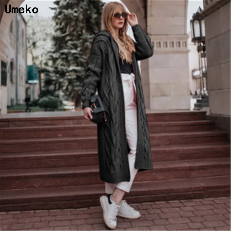 Umeko 6 цветов Женский вязаный кардиган Зимний толстый теплый длинный кардиган с капюшоном Женский винтажный свитер с длинным рукавом Верхняя одежда Пальто