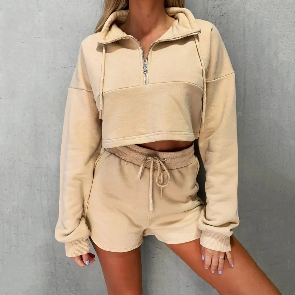 

Solid Long Sleeve Zipper High Neck Elastic Sexy Crop Tops SweatshirShorts 2 Pieces 2020 Autumn Women Fashion Casual Sports Sets
