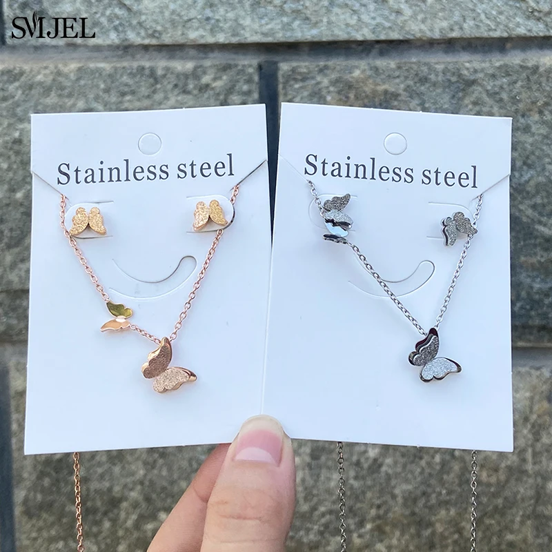 

Lovely Matte Butterfly Necklaces Rose Gold Stainless Steel Jewelry Set Cute Animal Earings Women Wedding Ear Studs Gift 2022