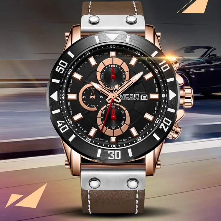 

MEGIR 2081 Men Watch Fashion Chronograph Waterproof Sport Quartz Male Clock Military Leather Men's Wristwatches Relogio Masculi