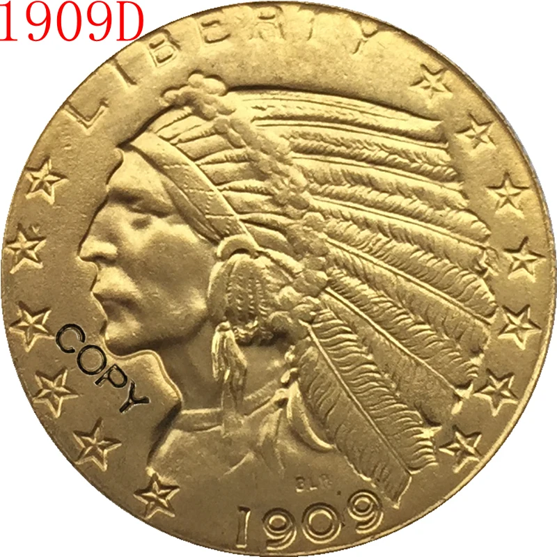 24 K позолоченный 1909 D $5 золото индийская половина монета с изображением орла