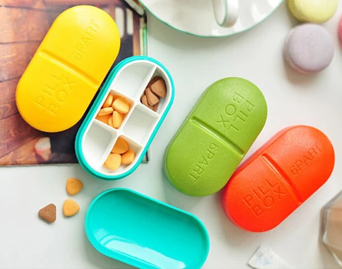 Подарок 6 частей Овальный портативный комплект суб-бокса запечатанный pillbox CapsuleShape мини таблетки кейсы