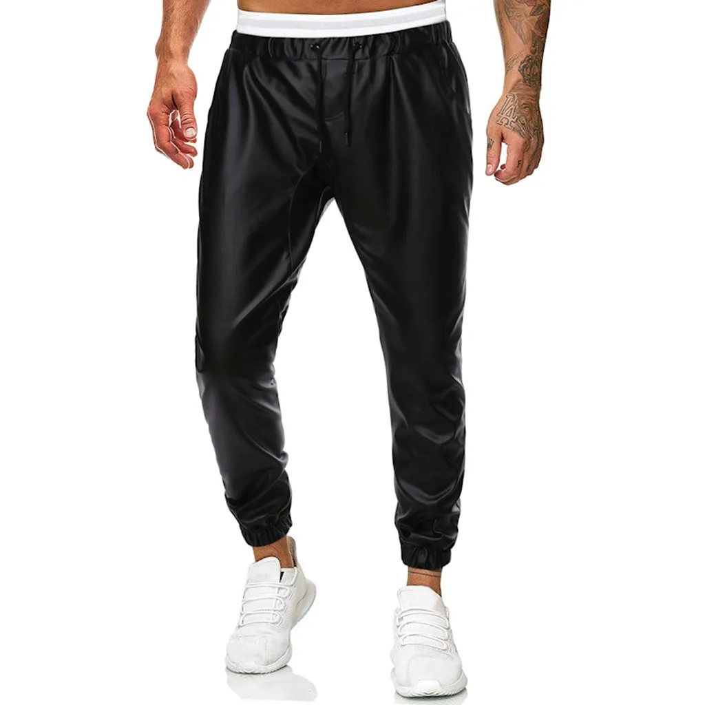 Мужские повседневные Простые красивые однотонные кожаные брюки pantalones hombre