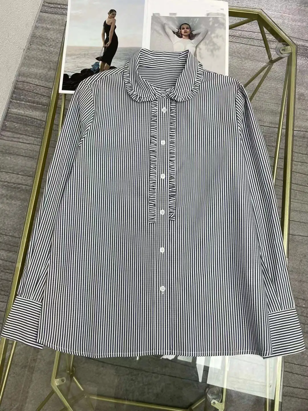 

2021 Turn Down Collar Long Sleeve Cotton Blouse Runway High Quality Striped Print Vintage Women Single Breasted Shirt Tops