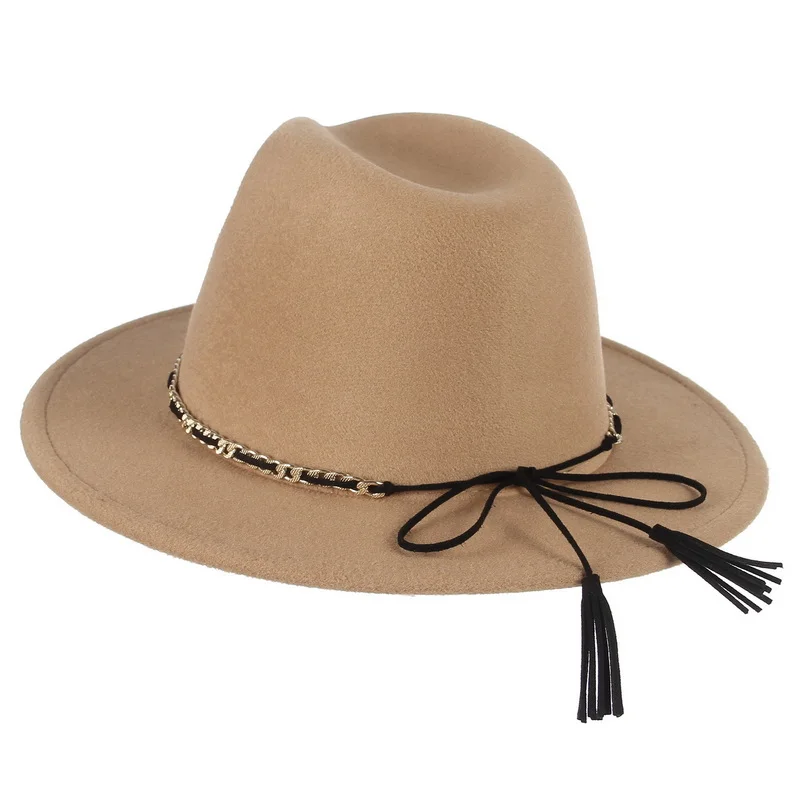 

11 Color Women Hat Solid Wide Brim Fedora Hats Belt With Tassel Decoration Jazz Cap Formal Church Felted Sombreros De Mujer