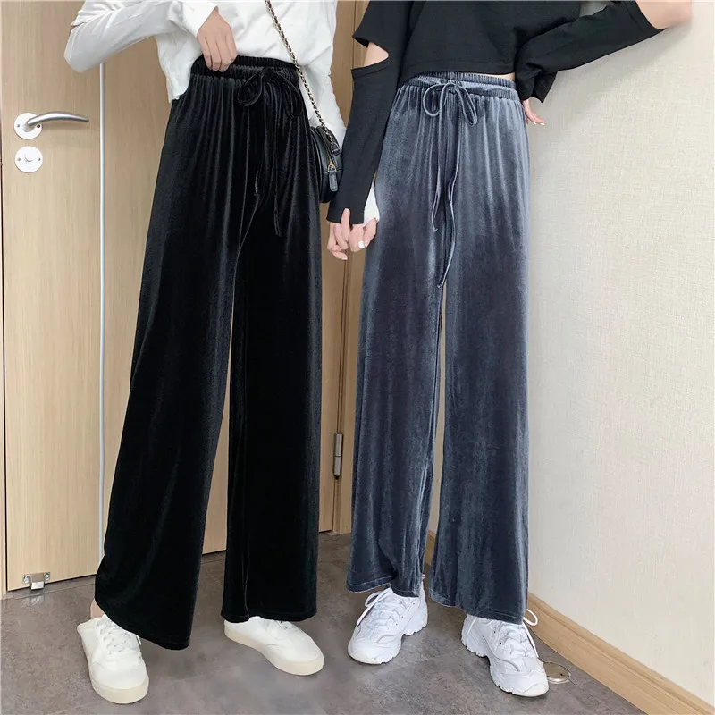 

TingYiLi Gray Black Velvet Palazzo Pants Womens Autumn Winter High Waist Wide Leg Pants Korean Casual Long Trousers