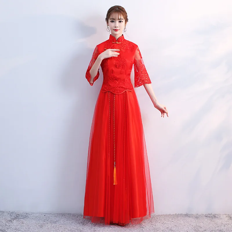 

Sexy Lace trumpet sleeve beaded embroidery Standing collar Improved cheongsam Qipao Evening Dress Vestidos