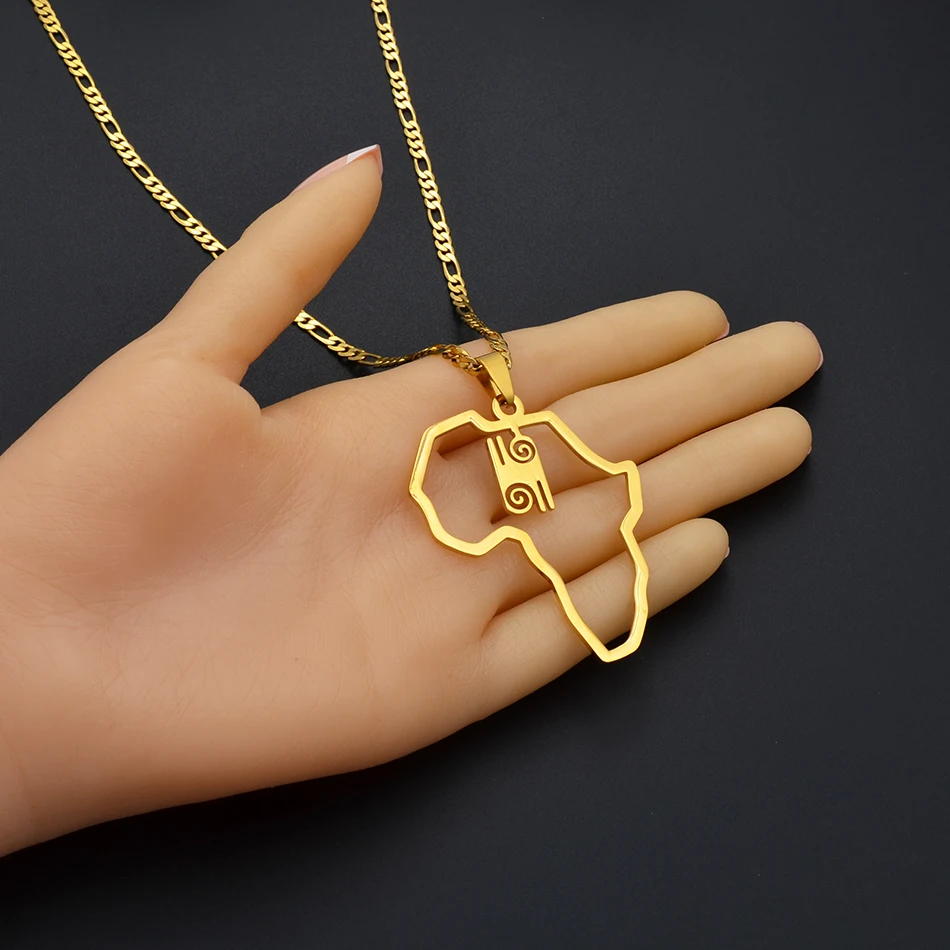 Anniyo African Map &amp Cultural Symbol Pendant Necklaces Women Men Gold Color Adinkra Gye Nyame Africa Ethnic Jewelry #129721 | Украшения