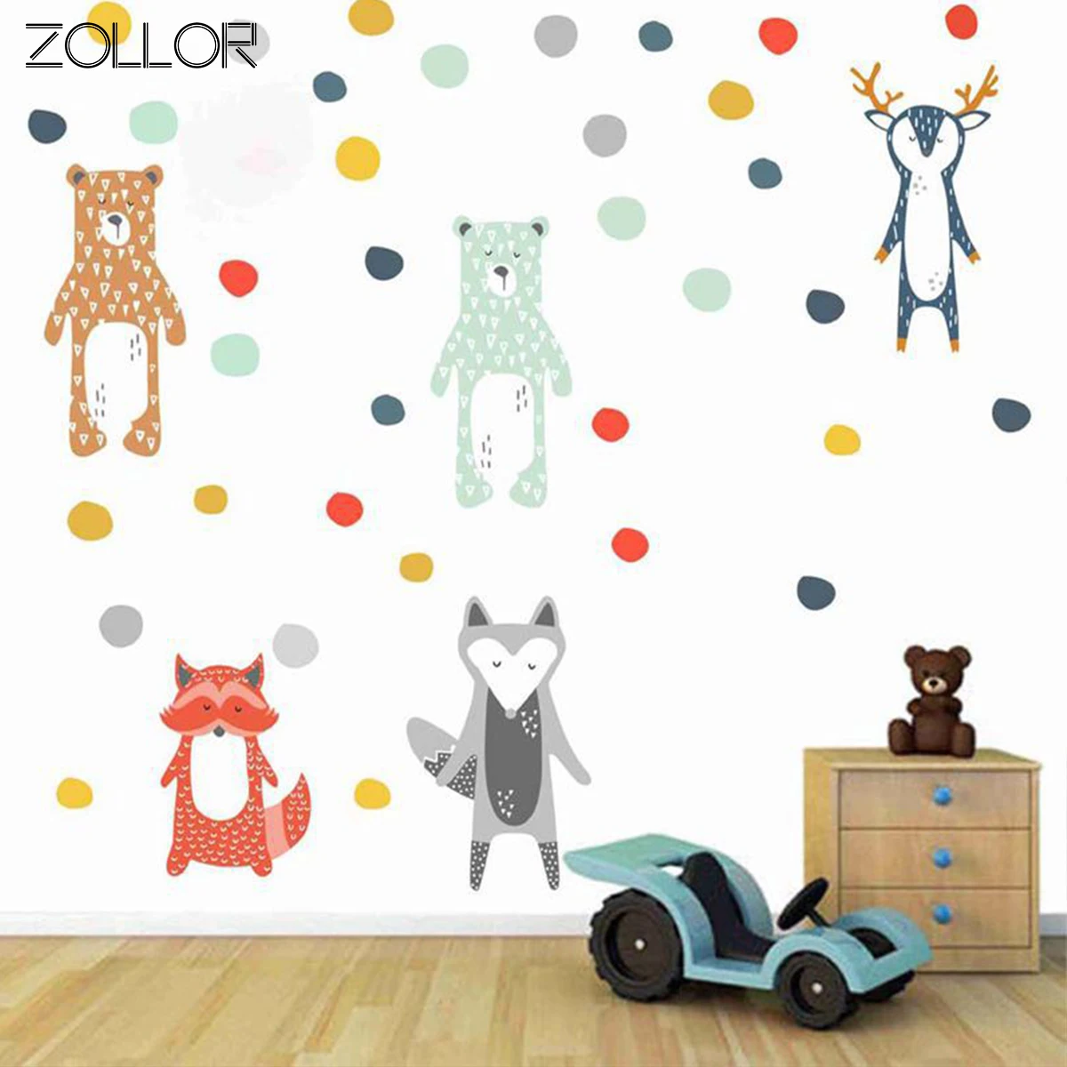 

Zollor Cartoon Bear Fox Wall Sticker Colorful Dots DIY Kids Room Nursery Vinyl Decals Removable Home Background Decor