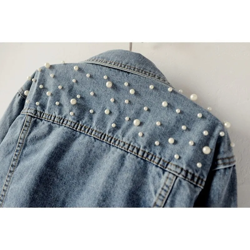 FIONTO Plus Size Pearl Beading Short Denim Jackets Women White Wash Long Sleeve Vintage Casual Jean Jacket Bomber Coat CA2320/5 | Женская