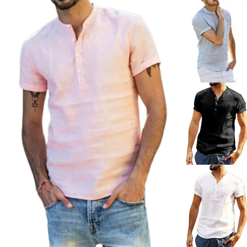 

Mens Short Sleeve Stand Collar Shirt Summer Beach Half Button T-Shirt Casual Top