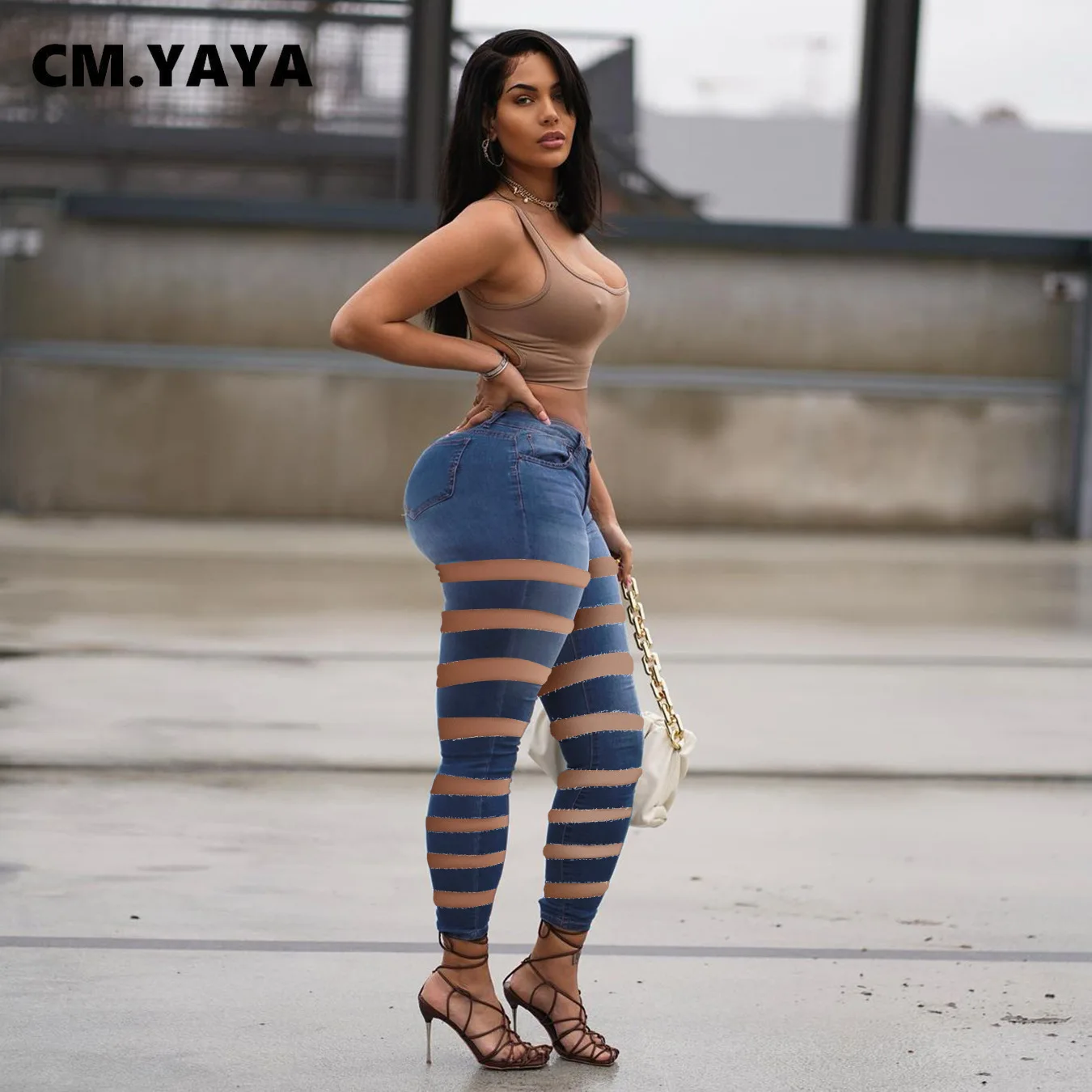 

CM.YAYA Women Jeans Solid Ripped Hole Mid Waist Pockets Zipper Long Pencil Denim Pants Sexy Fashion Streetwear Summer Trousers