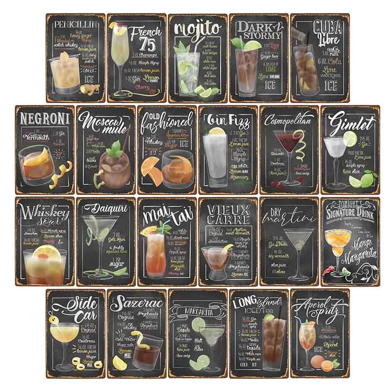 Популярные Классические рецепты коктейлей Винтаж металлический знак Ретро