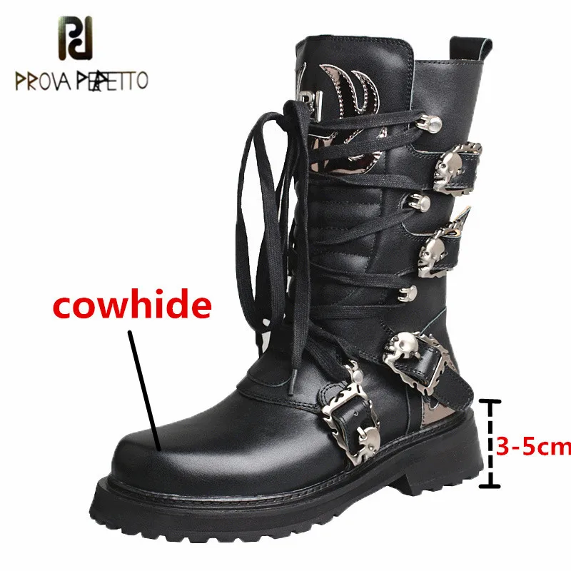 

Prova Perfetto Retro Genuine Leather Women Mid-calf Boots Solid Color Rivet Buckle Strap Metal Decoration Zipper Motorcycle Boot