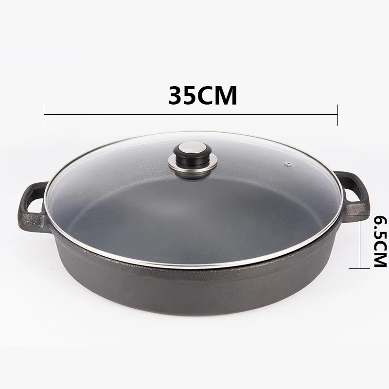 Чугунная сковорода без покрытия 25/30/35 см антипригарная жареная для мяса с двумя