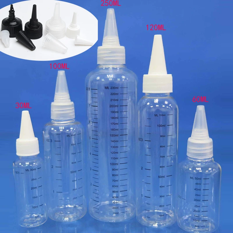 

5pcs 30ml/60ml/100ml/120ml/250ml Plastic E juice Liquid Graduated mark PET Drop Bottles Tip Cap Tattoo Pigment Ink Containers