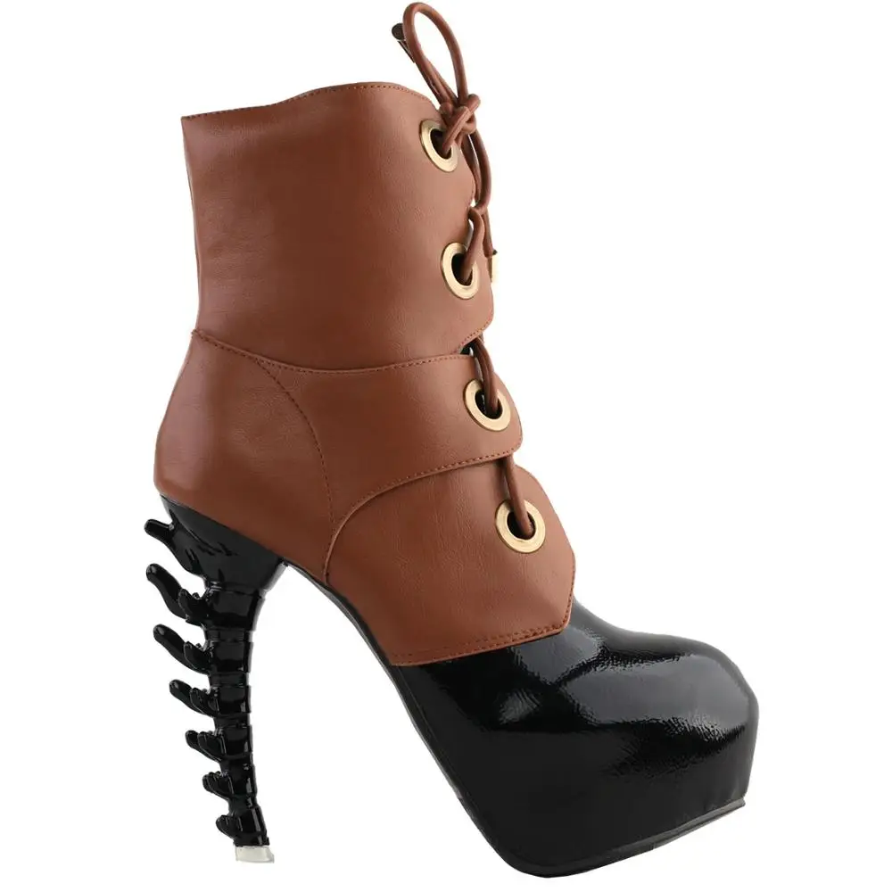 

LF80707 SHOW STORY Cool Brown Black Two Tone Lace-Up High-top Bone Heels Platform Ankle Boots