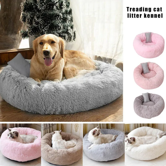 Pets Shag Plush Donut Cuddler Calming Bed Round Plush Cat Dog Mat Sleeping Bed with Pillow E2S