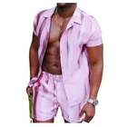 Костюм мужской Пляжный из 2 предметов, рубашка с отложным воротником и короткими рукавами, Повседневные Шорты Для отпуска, гавайский костюм в полоску, уличная одежда, лето 2021