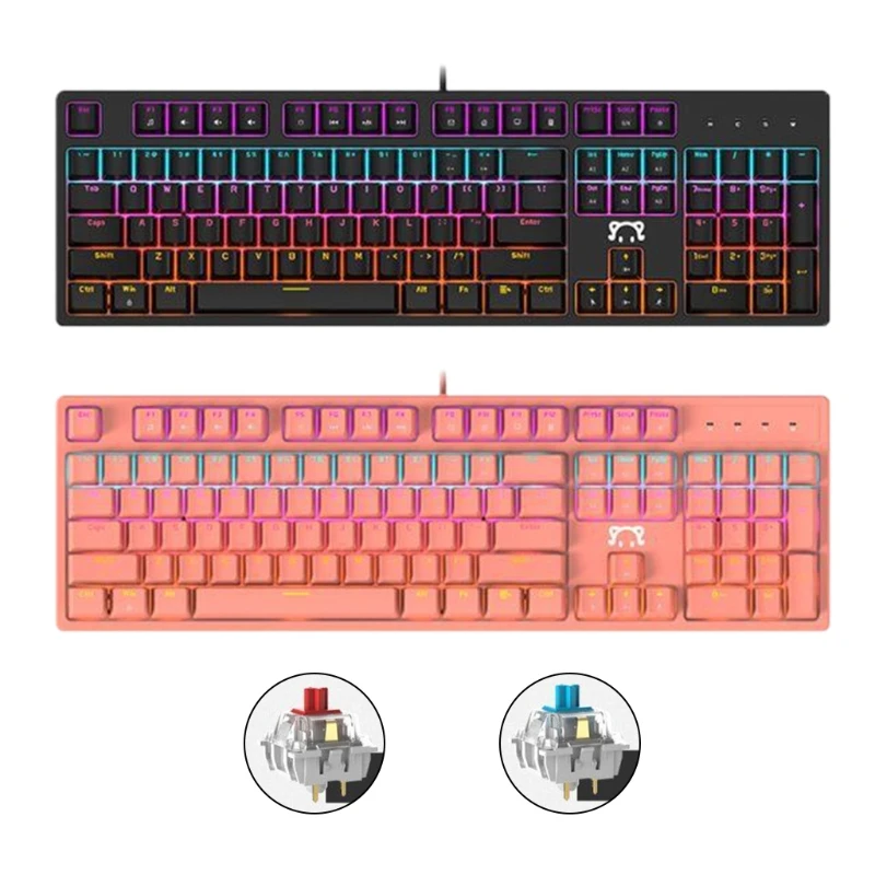 Mechanical Gaming Keyboard 104 Keys RGB LED Rainbow Backlit Wired Keyboard with Green/Red Switches for Windows Gaming