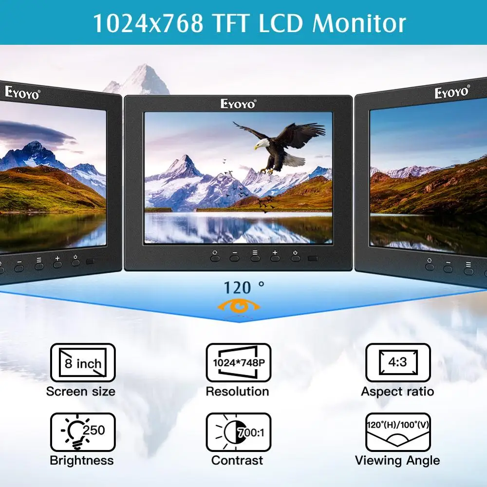ЖК монитор Eyoyo EM08P 8 дюймов 1024x768 шт. двойной HDMI AV BNC динамик для компьютера камера