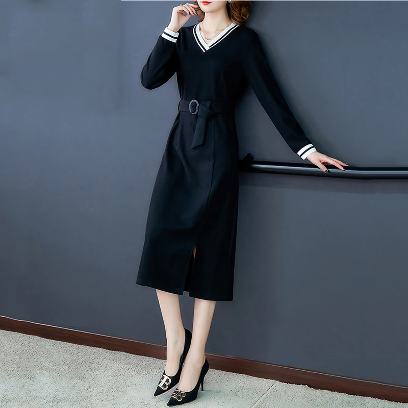 

Spring Vestidos Women's 2020 T-emperament V-neck Was Thin Lace-up Casual Long-sleeved Dress Women Mid-length A-line Dress Q59