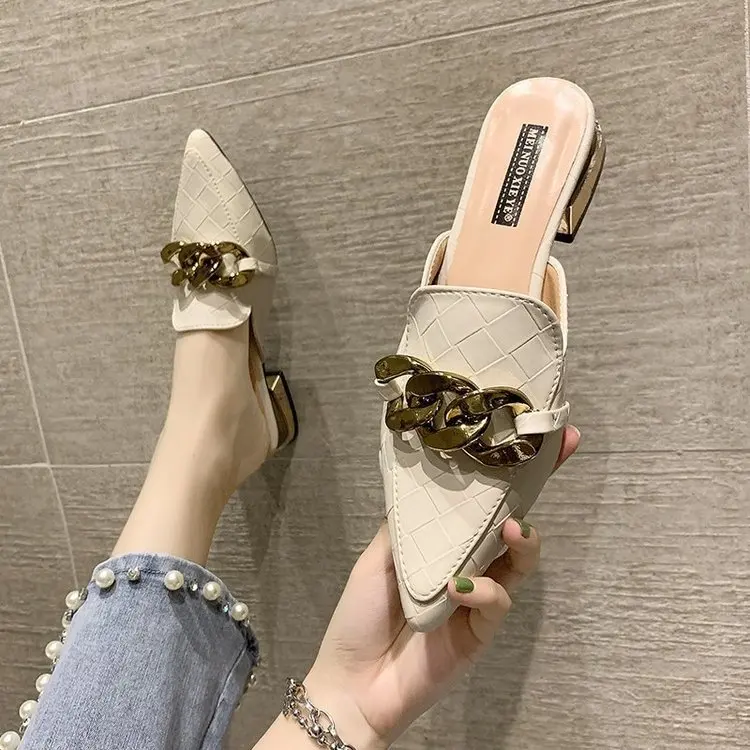

Shoes Woman 2021 Female Slippers Cover Toe Loafers Luxury Slides Mules Sexy Low New Designer Pointed Chain Hoof Heels Fashion Ro