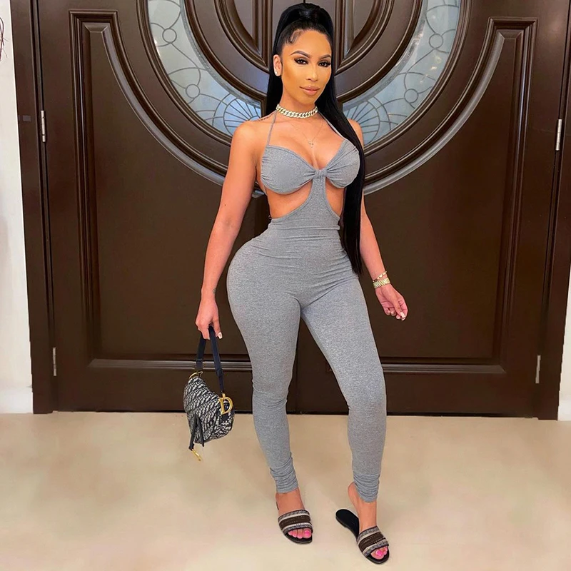 

CIBBAR Solid Skinny Halter Jumpsuit Women Sexy Hollow Out Active Workout Overalls Casual Basic Sportwear Sleeveless One Piece