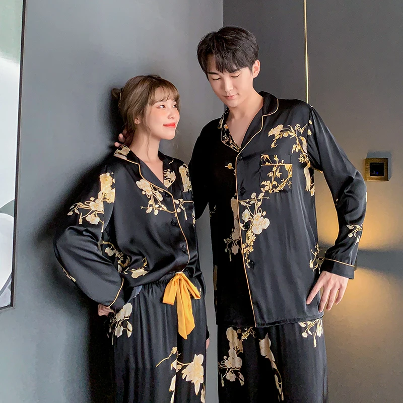 

2021 Spring Women's Pajamas Set Luxury Style Black Golden Flower Print Sleepwear Silk Like Couple Home Clothes Nightwear for Men
