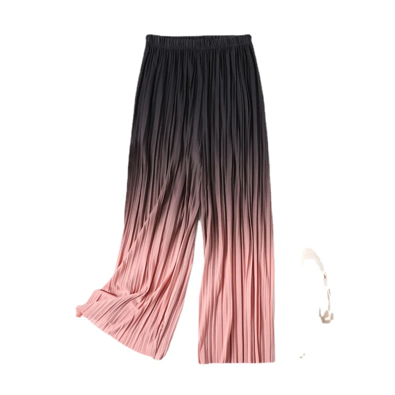 

Female Summer Ice Silk Gradient Color Wide Leg Pants Pleated Nine Points Large Size High Waist Drape Skirt Straight Beach Pants