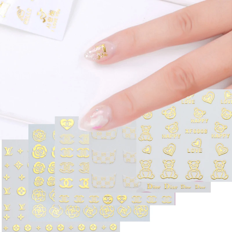DIY Золотой клей для ногтей Наклейка перо цветок Дизайн полые наклейки украшения